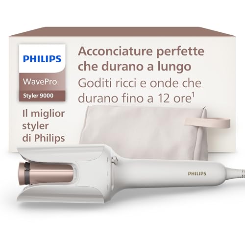 Philips WavePro Styler 9000 – con tecnologia SenseIQ e cilindro regolabile per ricci e onde, tecnologia 360 Shaping per un'acconciatura duratura, bianco seta, con custodia beauty, modello BHB968/10