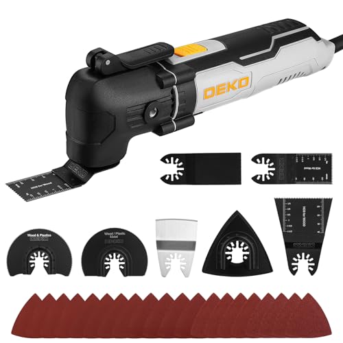 DEKOPRO Herramienta Multiherramienta oscilante de 300W, 15 000-22 000 rpm, Multitool Eléctrico con Cable, Control de 6 Velocidades, Incluye 20 Hojas de Lija, Apto para Madera, Plástico y Metal