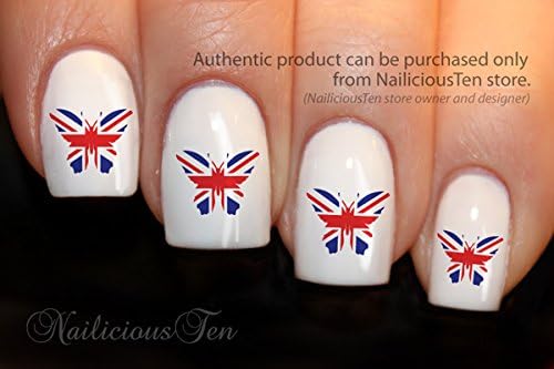 NAILICIOUS TEN Union Jack British Flag Butterfly Nail Wraps Art Water Transfer Decal United Kingdom UK 21pcs - ST8101