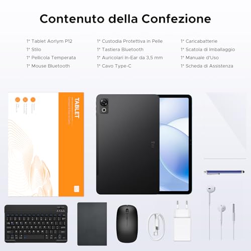 P12 Tablet 12 Inch 2.4 K Android Tablet 16,120Hz,48GB+128GB/2TB TF,Black | FHD,10000mAh/Fast Charge 18W,OTG, T7280 Octa-Core,2.2GHz,Gemini AI/WidevineL1/WiFi5,Keyboard,Pen,Ultrathin Metal