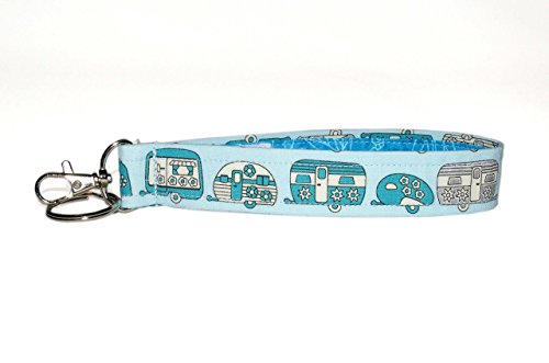 Camping Key Fob Wristlet - Camper Keychain - Retro Blue & Silver - RV Accessories - Wallet Strap