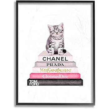 The Stupell Home Decor Grey Pink and Black Fashion Bookstack with Kitten Framed Giclee Texturized Art, 24 x 30, Multi-Color