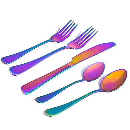 Jolameceni 5Piece Colorful Silverware Set , Stainless Steel Rainbow Silverware with Round Edge