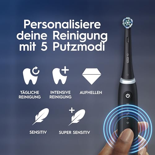 Oral-B iO Series 5 Plus Edition Elektrische Zahnbürste, Doppelpack — Electric Toothbrush, Inkl. 4 Aufsteckbürsten, 5 Putzmodi für Zahnpflege, Reise-Etui — Designed by Braun, Schwarz/Weiß thumbnail 2