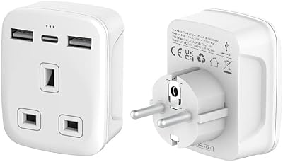TechMax UK to Europe Plug Adapter with USB, Grounded Type G to C/E/F