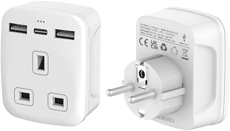 TechMax UK to Europe Plug Adapter with USB, Grounded Type G to C/E/F