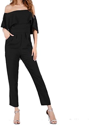 INIBUD Jumpsuits for Women Sexy Off Shoulder Flouncing Chiffon Black Printed Ruffle (US M (Asian tag L), Black)