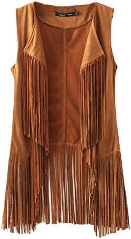 Cameinic Women's Solid Color No Button Sleeveless Fringed Suede Vest Cardigan