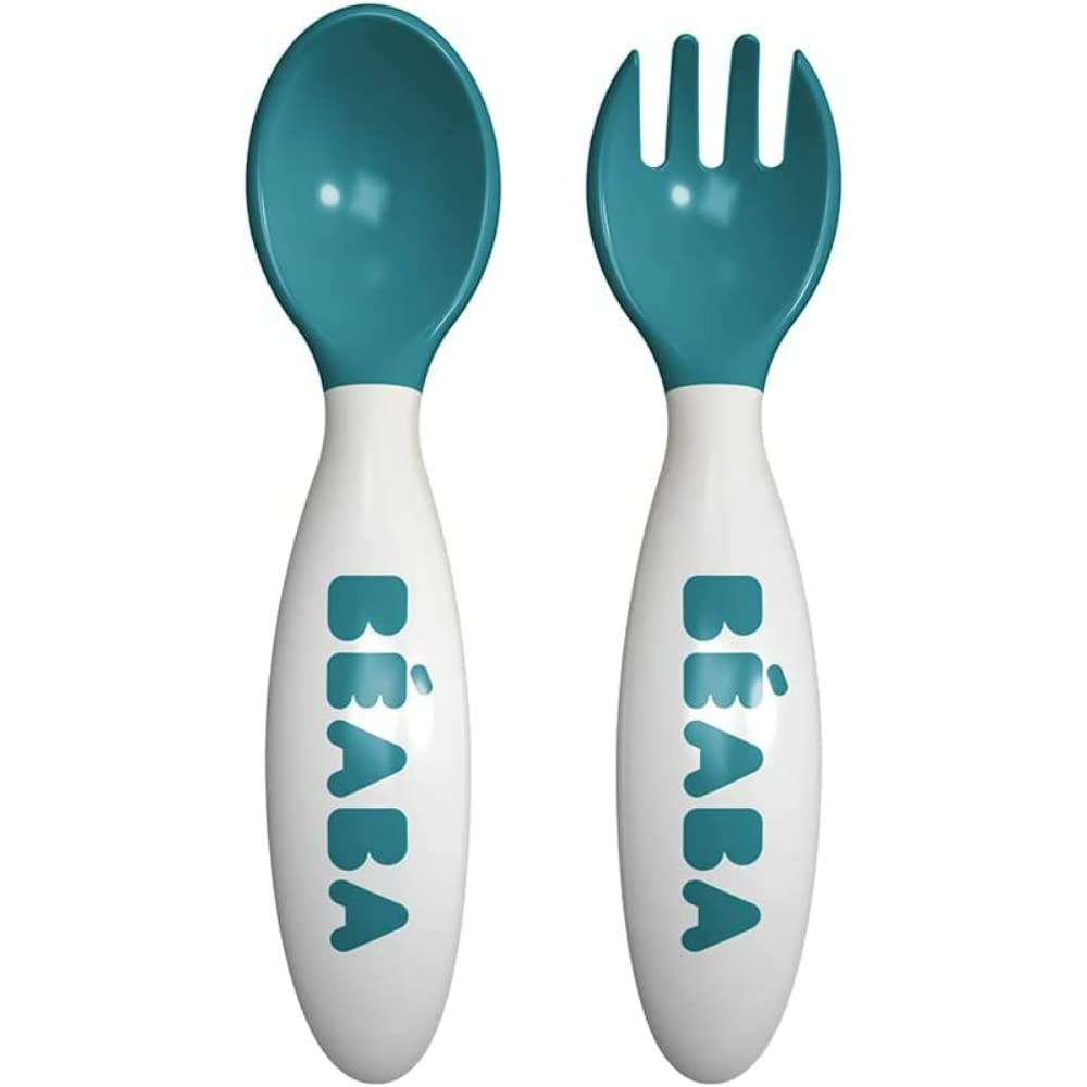 Béaba - Set of 2nd Age Training Fork and Spoon Nude - Ergonomique Shape - Suitable for Left-Handed and Right-Handed - Transport Case Included - Blue