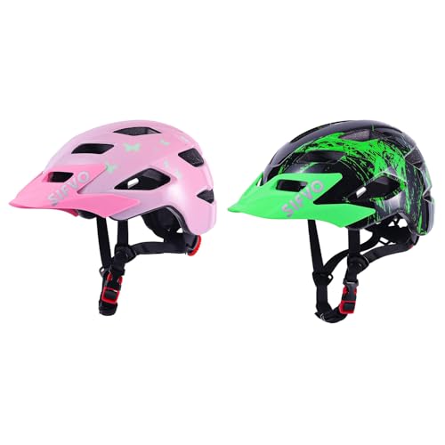 SIFVO 2 Pack Kids Helmet, Boys and Girls Bike Helmet with Cool Visor Helmet for Kids 5-14, Adjustable & Lightweight 50-57cm(Pink Butterfly+Black Green)