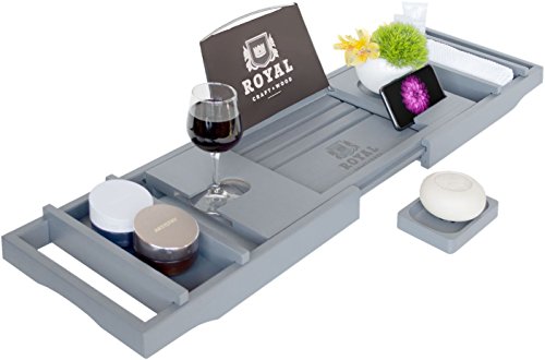 Royal Craft Wood Luxury Bamboo Bathtub Caddy Tray with Book and Wine Holder - One or Two Person Bath and Bed Tray with Extending Sides - Free Soap Dish - (Gray)
