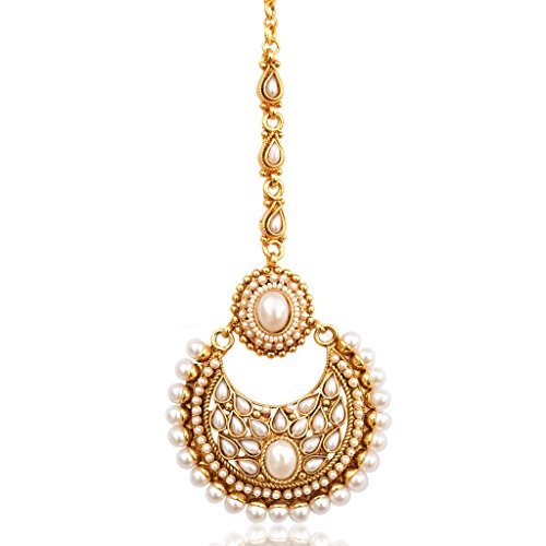 Adiva Women s Beautiful Kundan Faux Polki Mang Tikka Indian Ethnic Copper Hair Jewelry Ab46 White