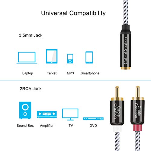 3.5mm to RCA Cable,CableCreation 10 feet 3.5mm Female to 2RCA Male Stereo Audio Cable Gold Plated Compatible Smartphones, MP3, Tablets, Speakers,Home Theater,HDTV,Black and White/3m