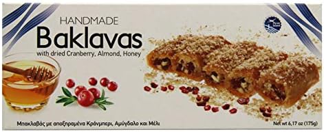 Handmade Baklavaswith Dried Cranberry, Almond, Honey - All Natural - Imported from Greece - 6.17 oz box with 5 pieces