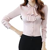 E.JAN1ST Women's Long Sleeve Shirt Tie Bow Neck Button End Slim Fit Chiffon Blouse, Pink, TagsizeXXL=Ussize6-8