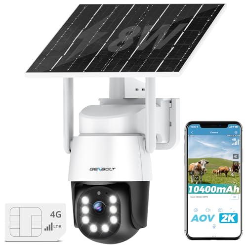 GENBOLT 4G AOV Solar Wireless Outdoor Surveillance Camera,Recording 24/7 3MP Outdoor Security IP Camera without WiFi with SIM Card,90ft AI Detection,CCTV Camera with 8W 10400mAh Battery
