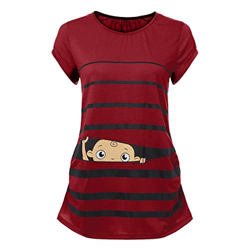 Woman Maternity T-Shirt,Stripe Baby Print Short Sleeve Ruched Side Top, Pregnancy Funny Fashion Style Blouse (Red, M)