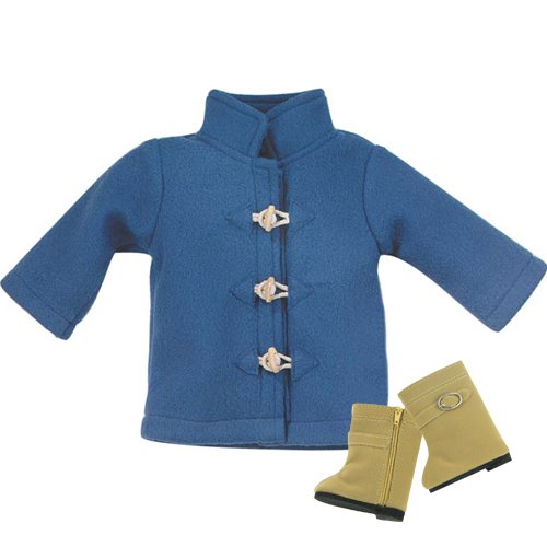 Doll Coat & Boot Set Fits American Girl Dolls - Blue Toggle 18 Inch Doll Coat & Tan Doll Suede Buckle Boots