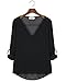 POSESHE Women's V-Neck Button Detail Dip Back Solid Blouse Top (XL, Black)
