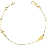 14K Yellow Gold Religious Cross Mother Mary Medallion Bracelet 7"