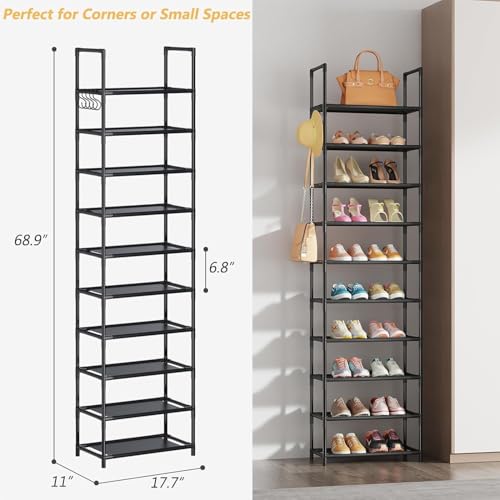 Last page® Shoe Rack 10-Tier Metal Narrow Shoe Organizer 20 Pairs Tall Shoe Storage Rack with Hook, Vertical Shoe and Boots Organizer, Shoe Shelf Organizer for Entryway Closet Hallway Black