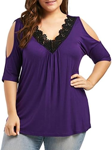Vcenty Women's 3/4 Sleeve Plus Size T-Shirt Casual Elegant Lace Deep V Neck Cold Shoulder Tunic Blouse Top (4XL, Purple)