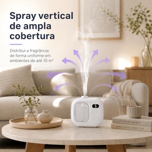 Aromatizador Automático com 12 Essências, Difusor de Aromas Elétrico USB Recarregável, Umidificador de Ar Portátil com Display Digital 5 Modos, Branco