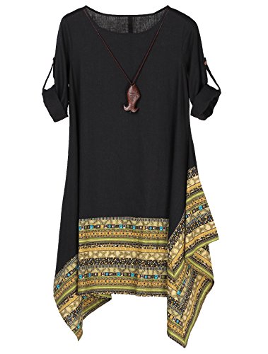 Minibee Women's Ethnic Cotton Linen Long Sleeves Irregular Dress (M, Z-Long Sleeve-Black)