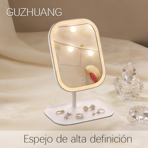 GUZHUANG Espejopara Maquillaje，con Lupa 5X ，Luces Tricolor Maquillaje con Luces，Interruptor Táctil，Portátil Espejos con Luz，Rotación de 360 Grados，con Bandeja Espejo con Aumento Y Luz (Blanco)