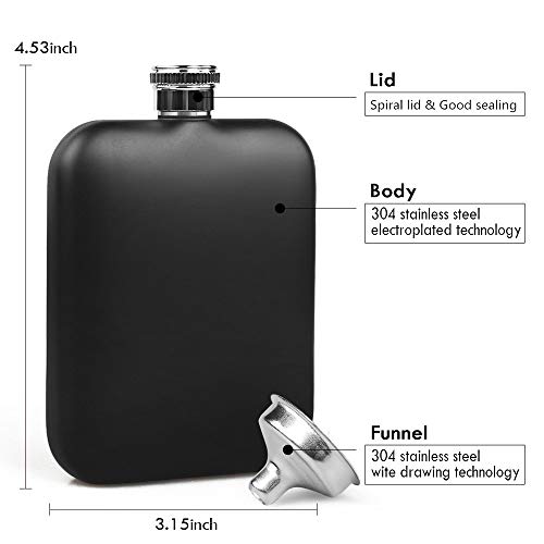 KWANITHINK Flask for Liquor for Men, Stainless Steel Hip Flask with Funnel, Pocket Liquor Flasks 6 oz (Black)