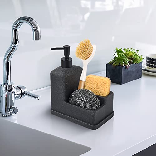 Soap Dispenser with Sponge Holder, Liquid Soap Dispenser for Hands and Dishes and Sponge Organizer with Brush Holder, 3 in 1 Countertop Organizer for Kitchen Sink
