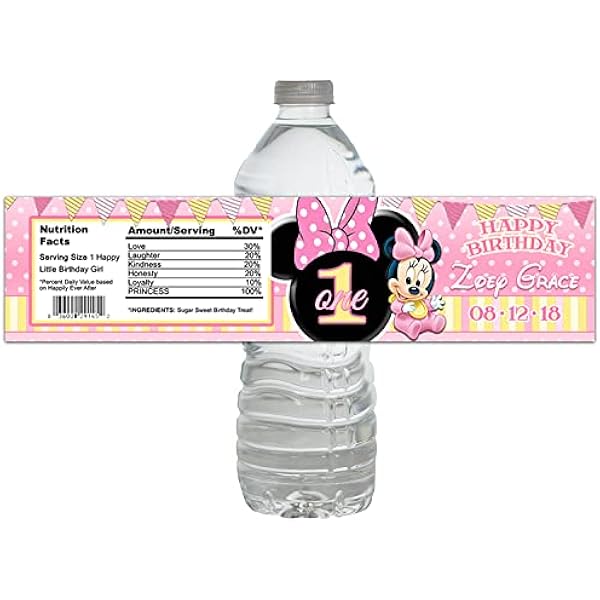 amazon com 10 pink and yellow minnie mouse 1st birthday party polka dot and stripes water bottle labels peel n stick handmade products
