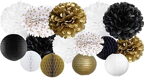 Vidal Crafts 30 Pcs Tissue Paper Pom Poms Kit (14", 10", 8", 6"), Tissue Paper Flowers, Paper Lanterns, Honeycomb Balls for Birthday, Wedding, Anniversary, Retirement - Black, White, Gold, Polka Dot