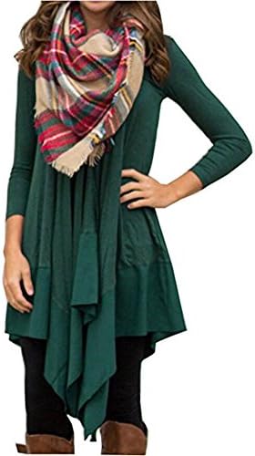 Queenlife Womens Asymmetrical Casual Feminine Long Sleeve Tunic Shirt Dress (L, Green)
