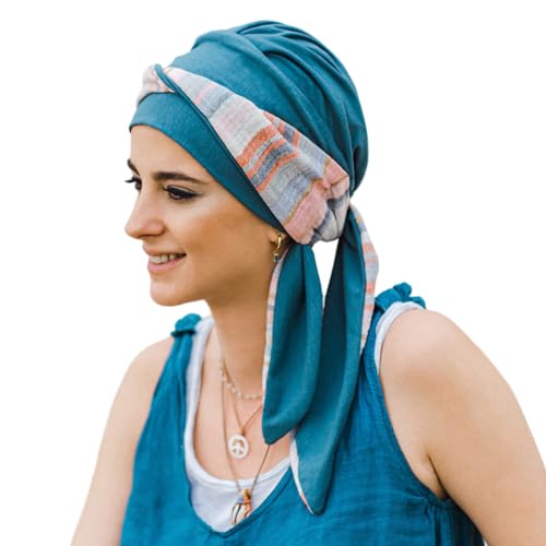 CAREBELL Smooth oncological scarf – Mediterranean design steel in soft and breathable bamboo, specially for chemotherapy, alopecia and sensitive skin, handmade in Spain