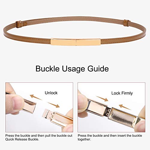 2 PACK WERFORU Women Patent Skinny Thin Leather Waist Belt with Golden Buckle (Black+Brown, Waist Size below 40 Inches)