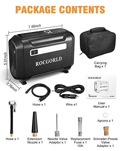ROCGORLD R7 Digital Air Pump for Car Tires, 12V DC Tire Inflator Portable Air Compressor with Emergency LED Light, Max 150 PSI Auto Shut Off Air Compressor Portable for Car, Motorcycle, Bicycle, etc.