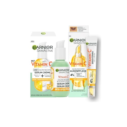 Garnier Vitamin C Glow Booster Set mit Anti-Muedigkeits Augenpflege und Serum Creme, Fuer eine strahlende und ebenmaessige Haut und zur Milderung von Muedigkeitsanzeichen, SkinActive, 2-teilig