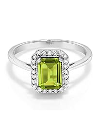 Gem Stone King 10K White Gold Green Peridot Aand White Diamond Women's Ring (1.15 Cttw Emerald Cut Available 5,6,7,8,9)