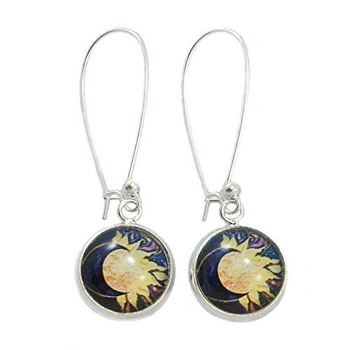 Fida Shop Art Moon and Sun Silver Tone Glass Dangle Earrings