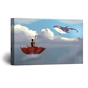 Hand Drawing Style Kid in an Umbrella with a Whale Swimming in The Clouds Gallery 12x18 inches