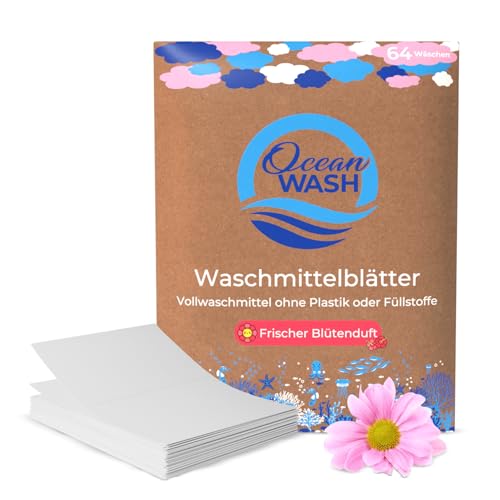OceanWash Waschmittelblätter Blütenduft, Waschblätter Waschmaschine für alle Textilien und Farben, Waschtücher biologisch abbaubar, Laundry Detergent Sheets Vollwaschmittel, 64 Wäschen thumbnail 1