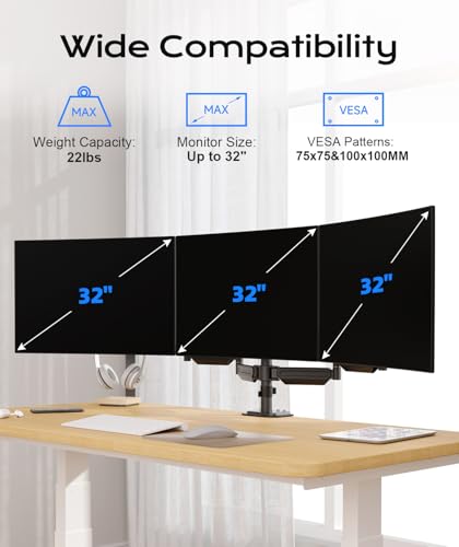 Pholiten Triple Monitor Stand Mount-Gas Spring Stand with Clamp and Grommet Base, Fully Adjustable Desk Mount Fits Three 17-27 inch LCD Computer Screens, Each Arm Holds up to 13.2lbs,(MD8003) …
