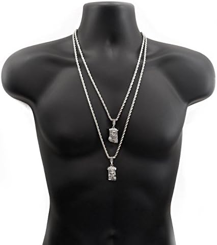 Double Layered Chain Necklace with Two Jesus Piece Pendants in Gold Finish (4-Silver)