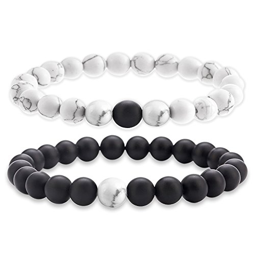Long Distance Relationship Bracelets, Black Agate & White Howlite 8 mm, Pair of 2