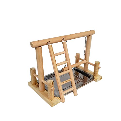 Borange Parrots Playstand Bird Playground Wood Perch Training Stand Cockatiel Playpen Ladders Birds Swing Wood Gym Tabletop with Feeder Cups Toys Exercise Play (Design A) - Thumbnail 4
