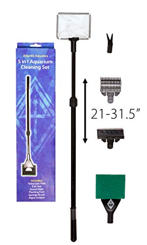 Atlantis Aquatics 5 in 1 Aquarium Cleaning Tools w/Telescopic Handle - 4 Inch Fish Net Algae Scraper Aquascaping Tool Gravel Cleaner Rake Algae Scrubber (Sponge Brush) - Long Handle Fish Tank Cleaner