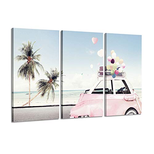Ocean Wall Art Pictures Paintings: Colorful Balloon on Pink Car in
Beach with Blue Sky and Palm, Photographic Landscape Artwork Print on 3
Piece Canvas