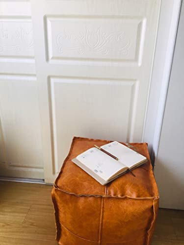 RISEON Boho Handmade Faux Leather Moroccan Pouf Footstool Ottoman Leather Poufs Unstuffed 17.7" x17.7" -Square Floor Cushion Footstool for Living Room, Bedroom and Under Desk (Yellow)