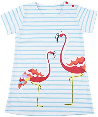 Toddler Girls Dress Summer Stripe Cotton Short Sleeve Flamingo Pattern Cartoon Casual Dresses